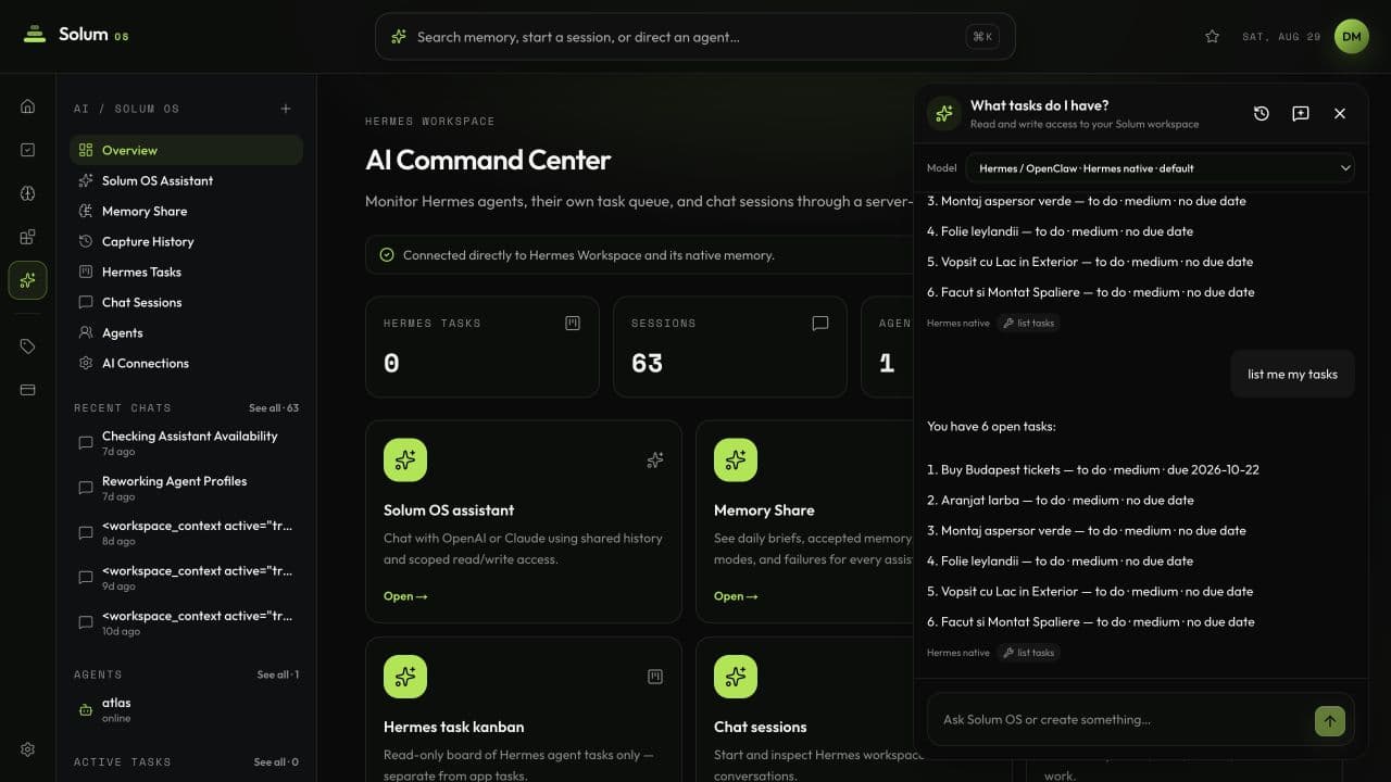 Solum AI assistant chat window open with personal workspace context in dark mode