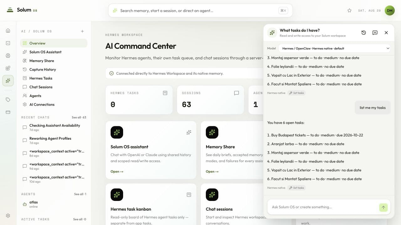 Solum AI assistant chat window open with personal workspace context in light mode