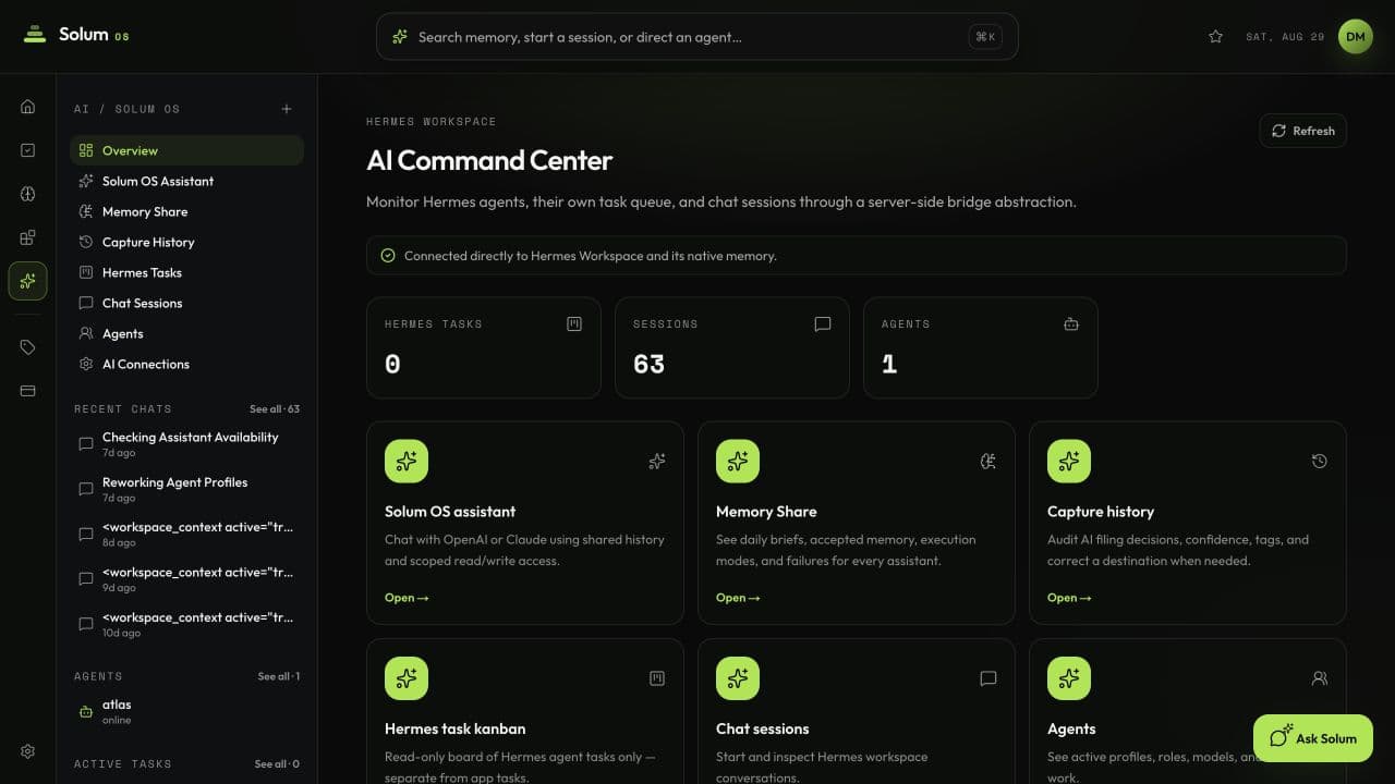 Solum AI Command Center connected to a personal Hermes workspace in dark mode