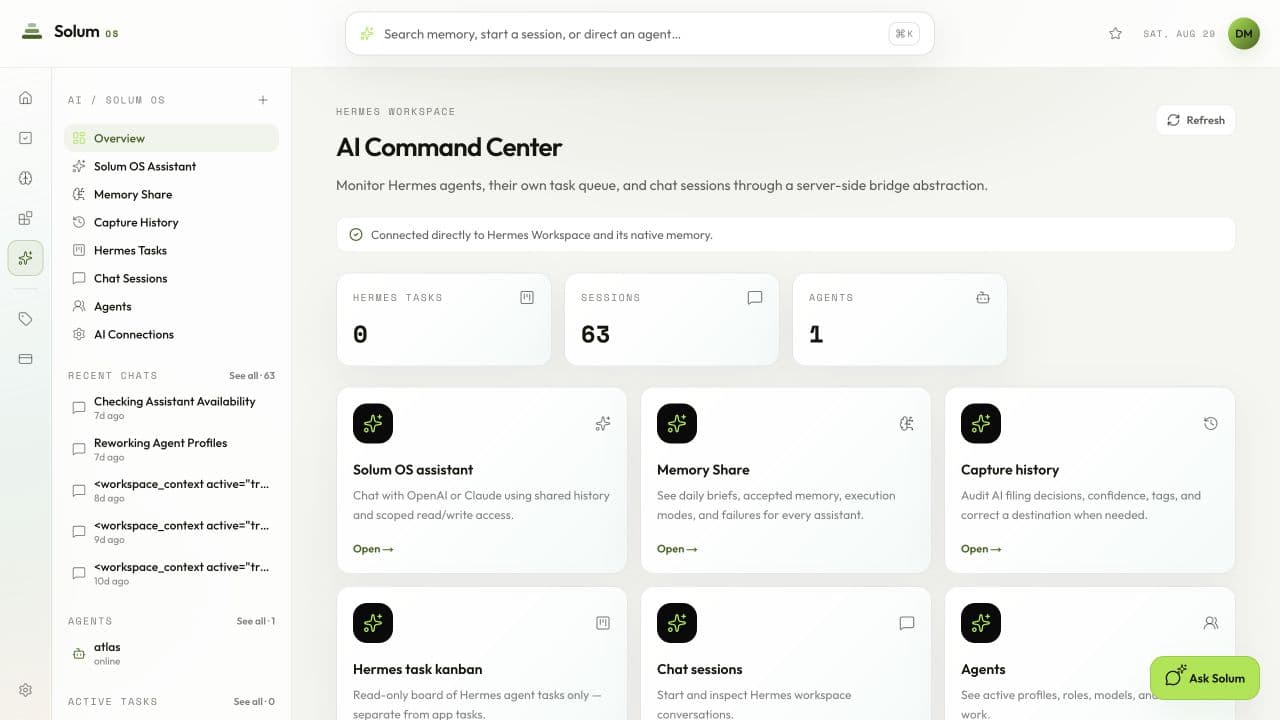 Solum AI Command Center connected to a personal Hermes workspace in light mode