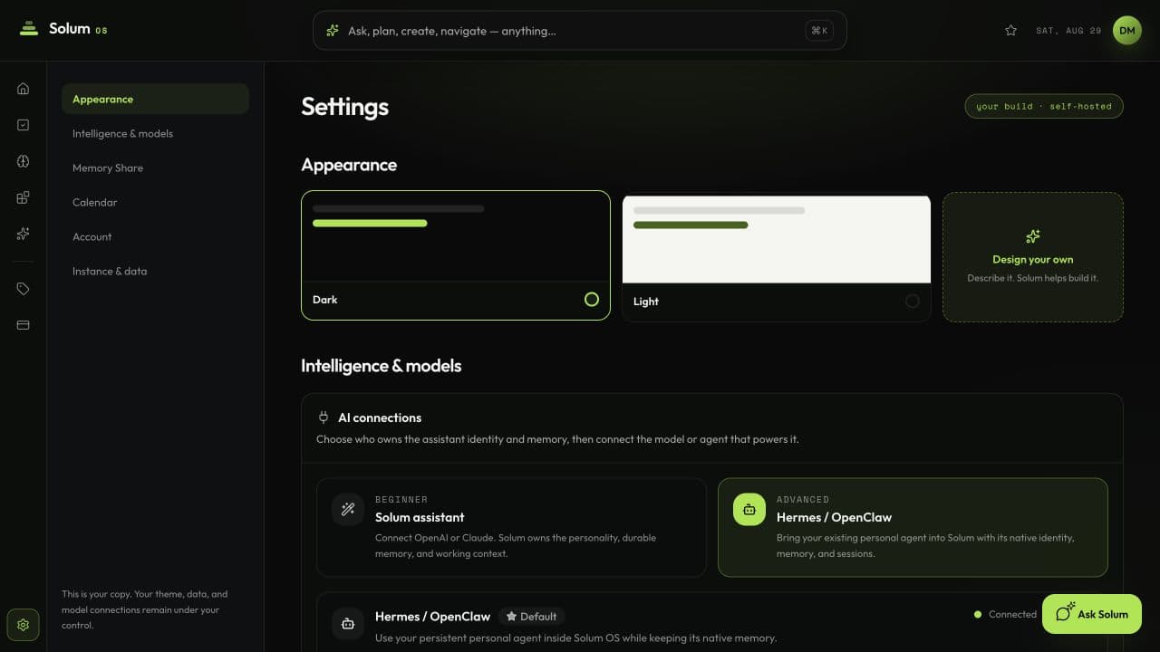 Loaded Solum OS AI connection settings in dark mode