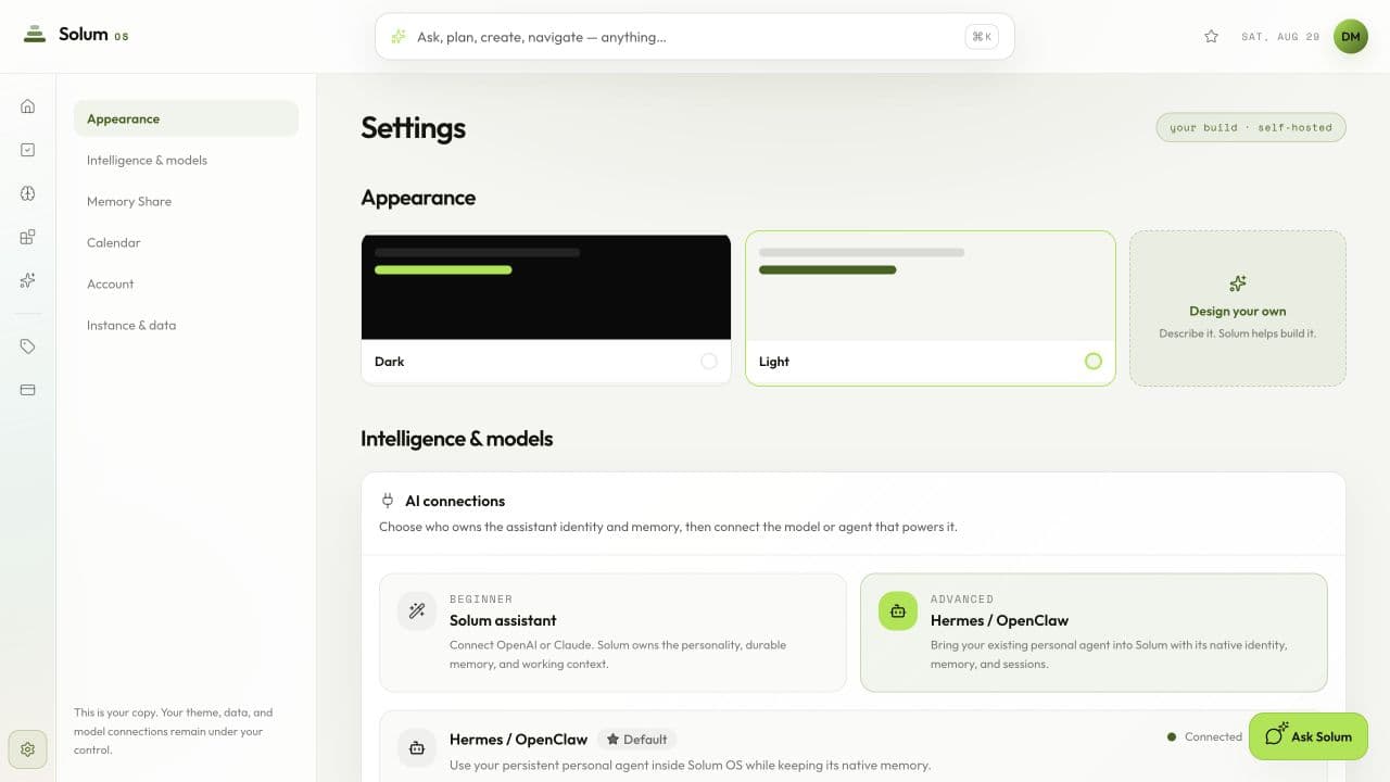 Loaded Solum OS AI connection settings in light mode