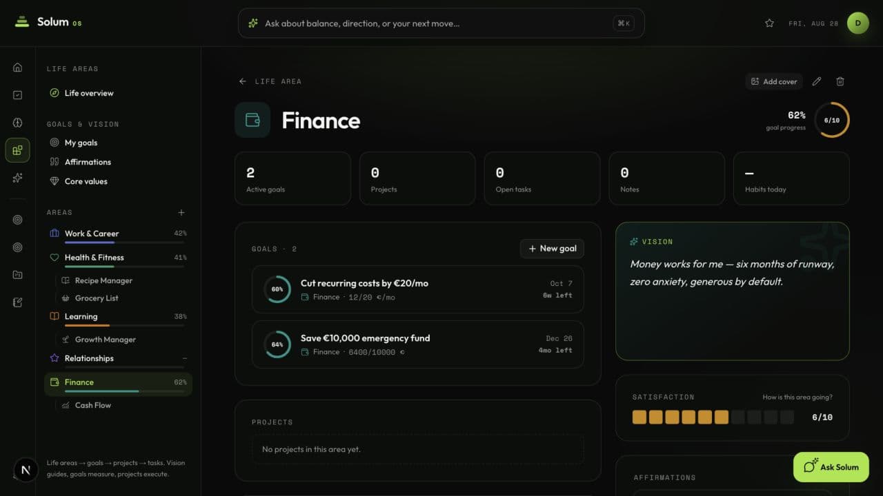 A detailed life area inside Solum OS in dark mode