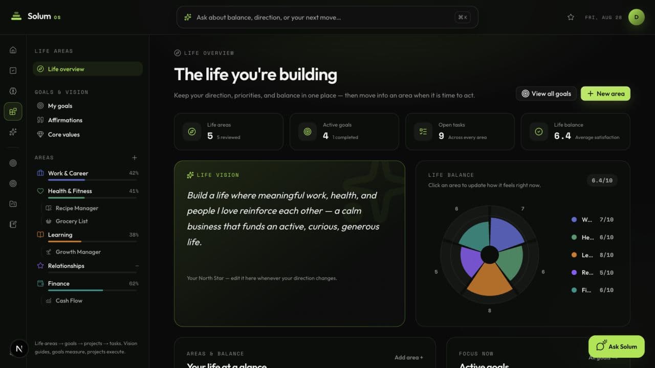 Life areas in the Solum OS demo workspace in dark mode