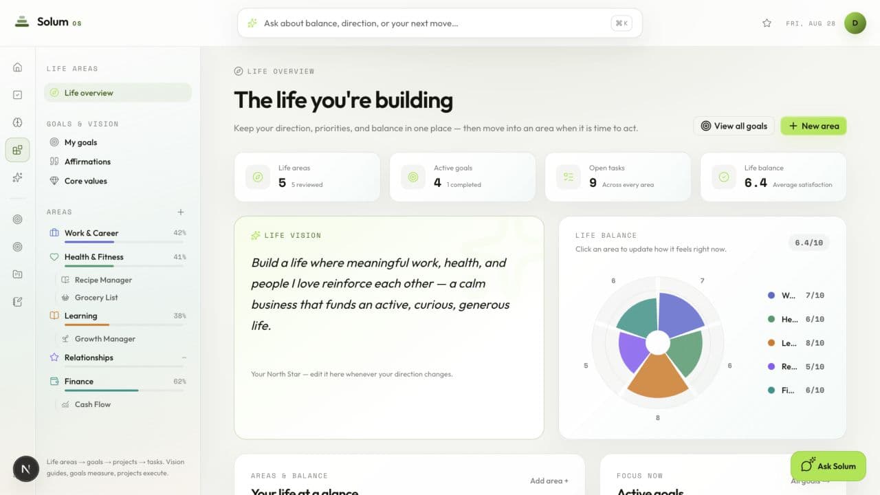 Life areas in the Solum OS demo workspace in light mode