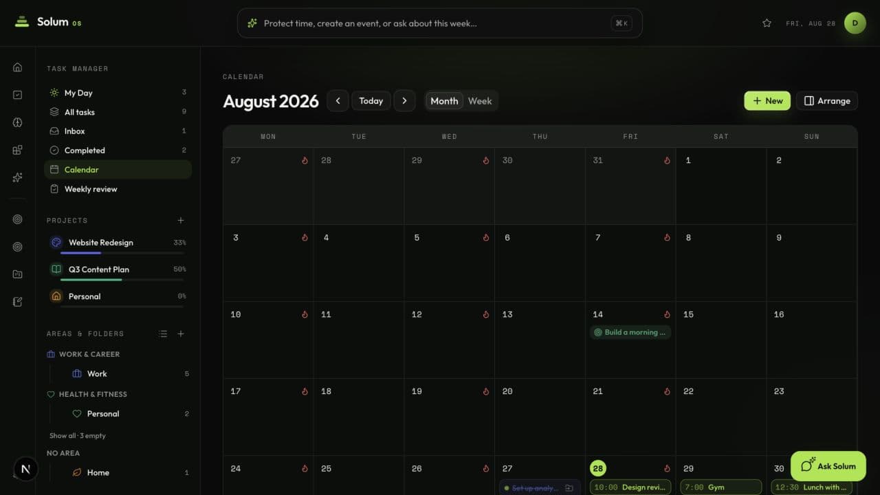 Solum OS calendar with the demo workspace schedule in dark mode