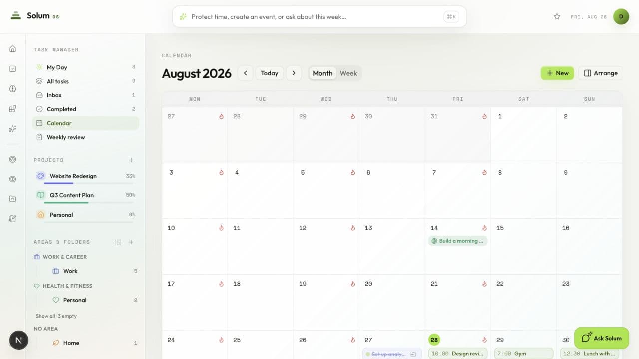 Solum OS calendar with the demo workspace schedule in light mode