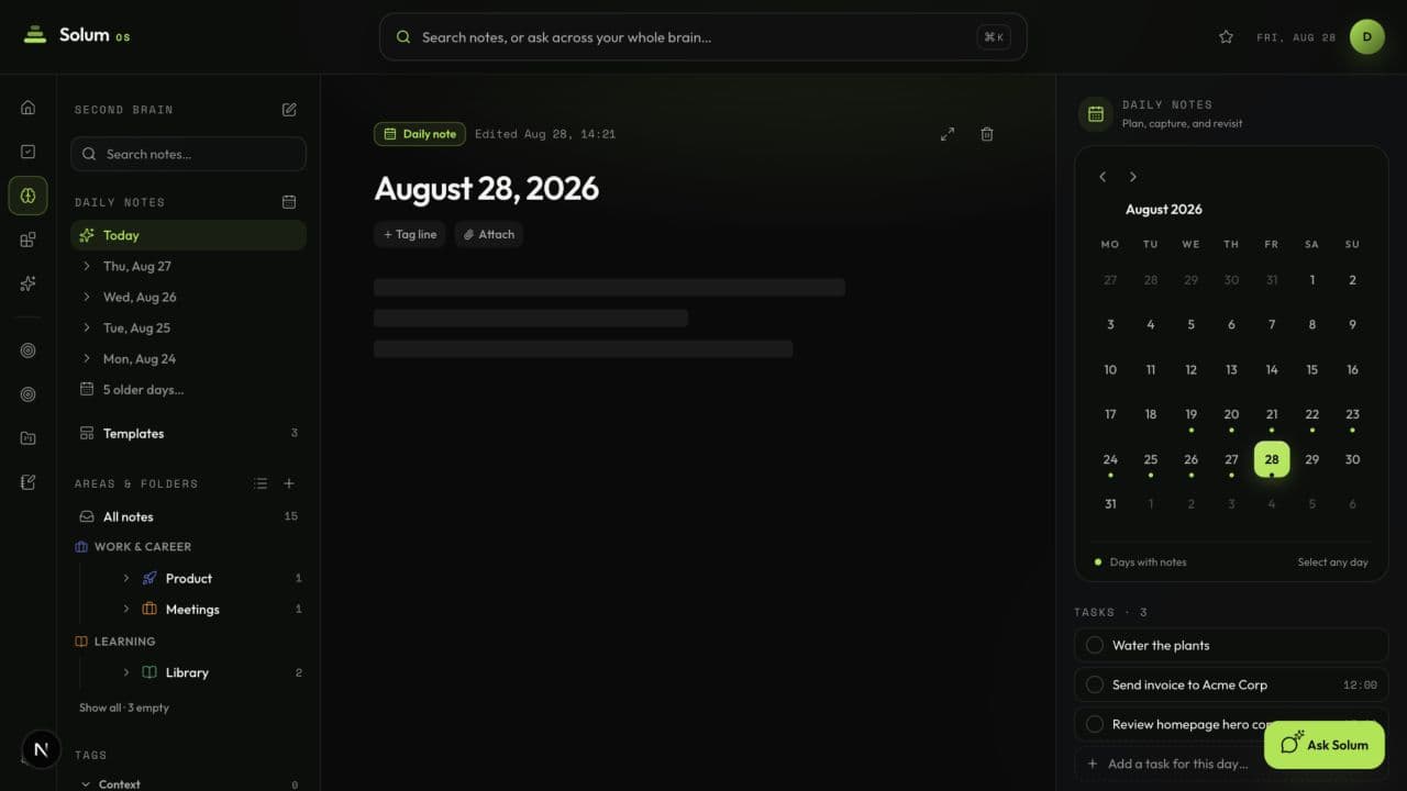A daily note inside the Solum OS demo workspace in dark mode