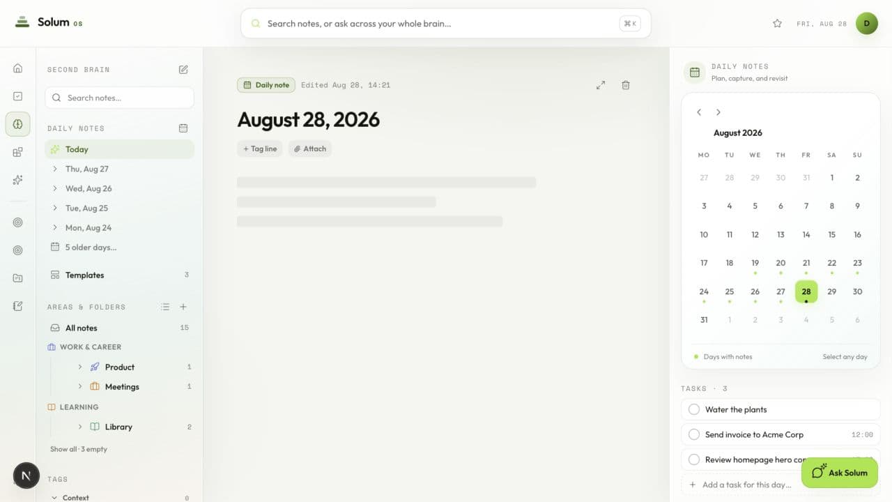 A daily note inside the Solum OS demo workspace in light mode