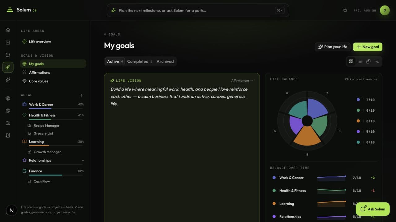 Goals in the Solum OS demo workspace in dark mode