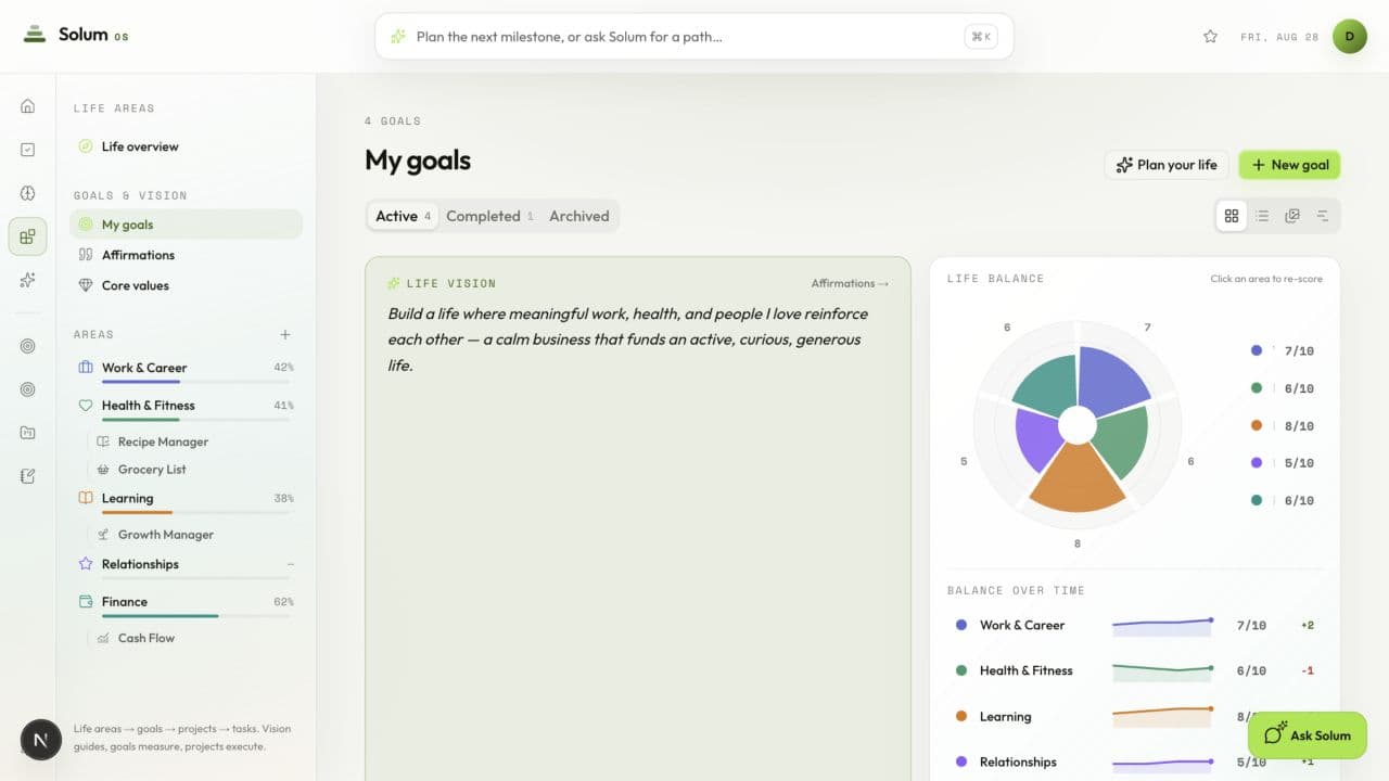 Goals in the Solum OS demo workspace in light mode
