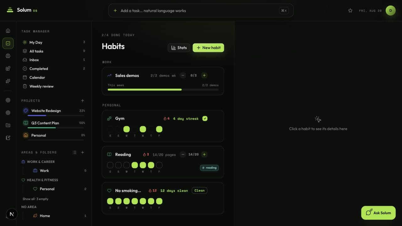 Solum OS habit tracker with demo progress in dark mode