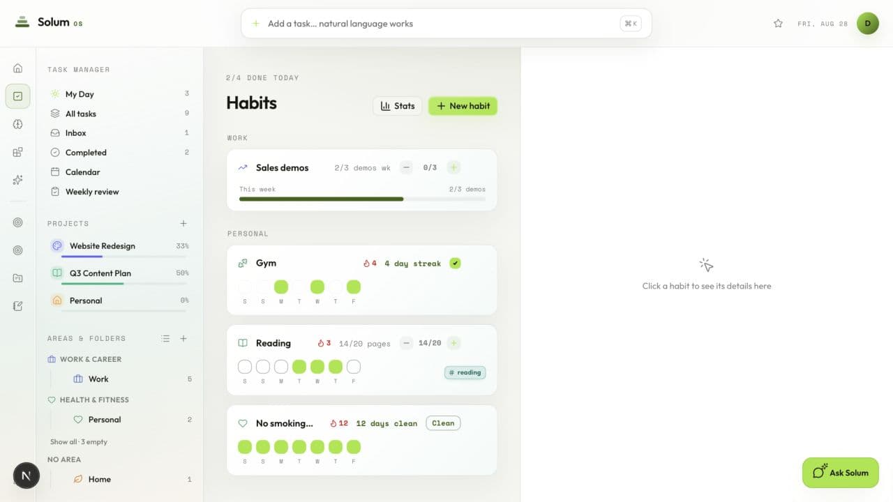 Solum OS habit tracker with demo progress in light mode