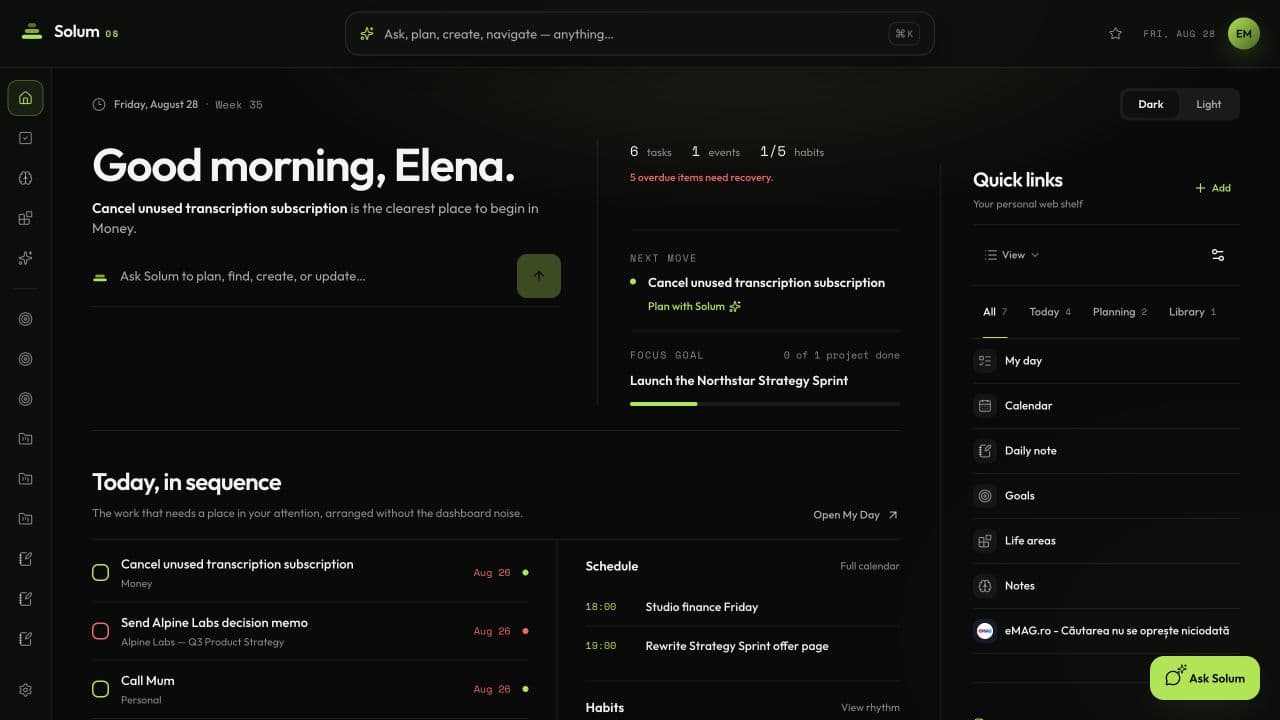 Solum OS Today dashboard in dark mode