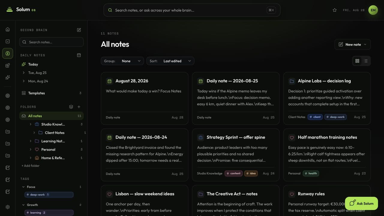 Solum OS Second Brain notes workspace in dark mode