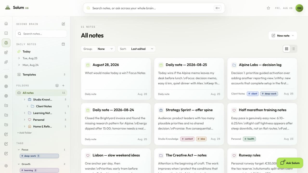 Solum OS Second Brain notes workspace in light mode