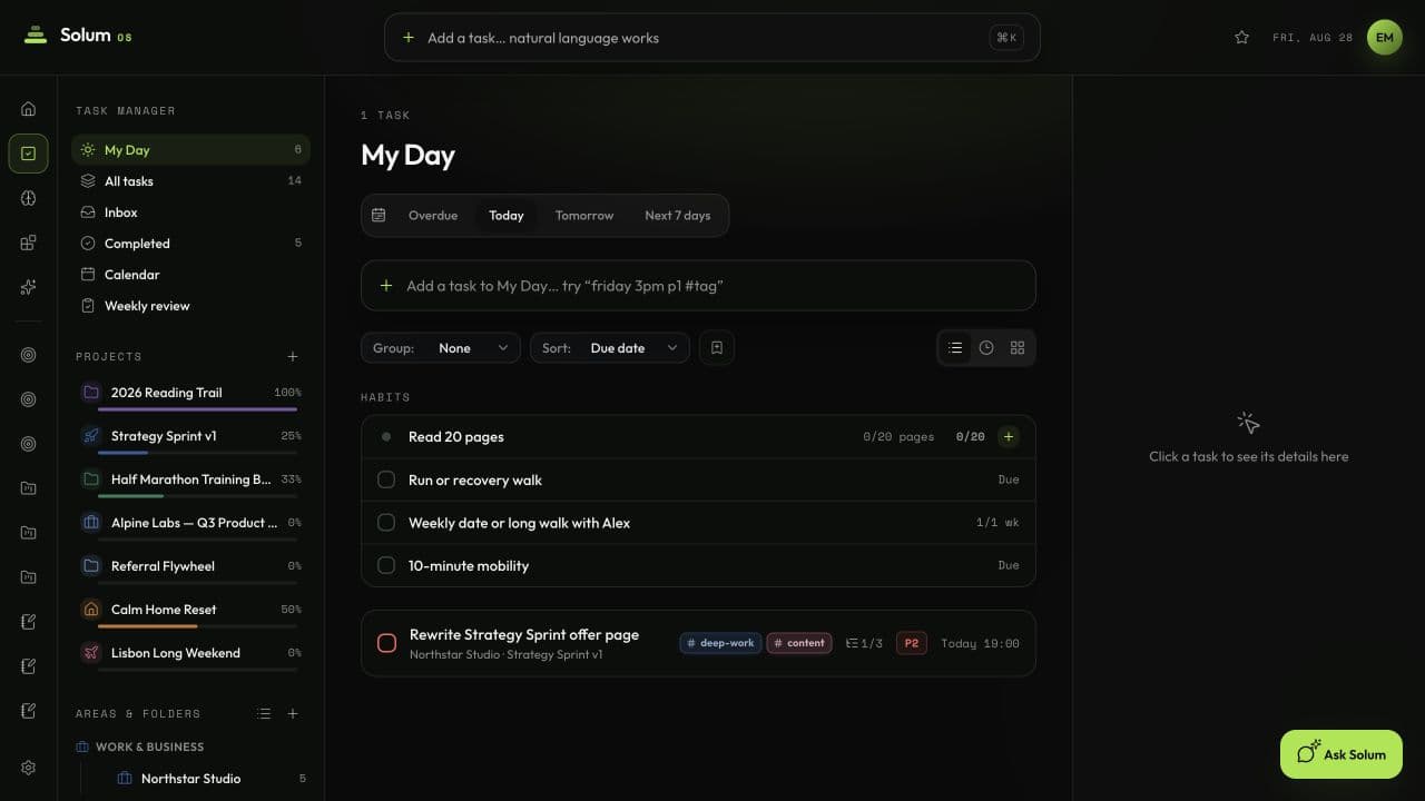 Solum OS task manager in dark mode