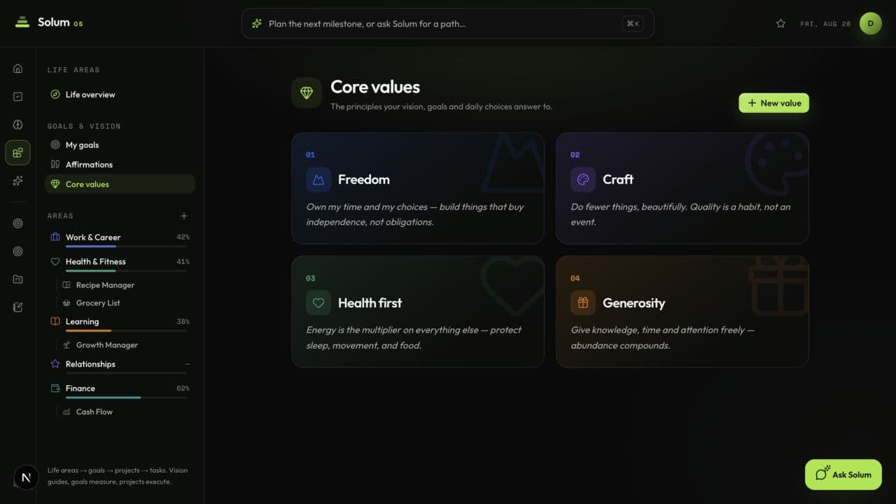 Life vision and values in Solum OS in dark mode