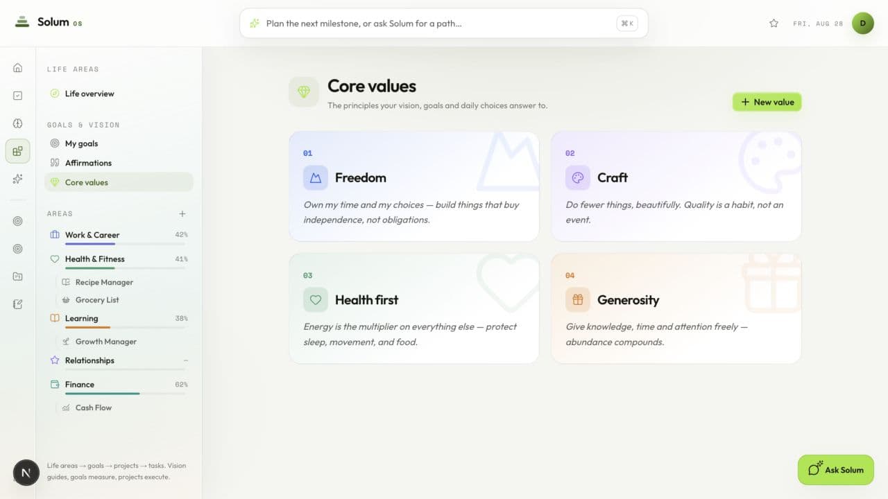 Life vision and values in Solum OS in light mode